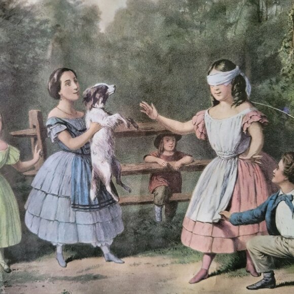 Vintage Framed "Blind Mans Bluff" Currier & Ives Print, Children and Dog Art - Picture 3 of 8